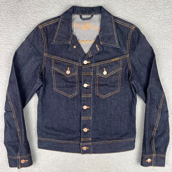 Nudie Jeans Jacket Mens Small S Blue Dark Wash Conny Dry Denim Trucker Moto Co